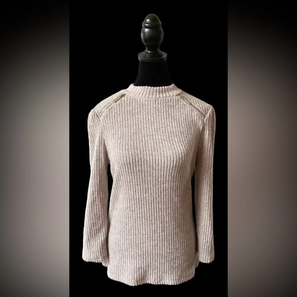 Olivia Blu: Cream Tan Soft Sweater with Zippers at Collar